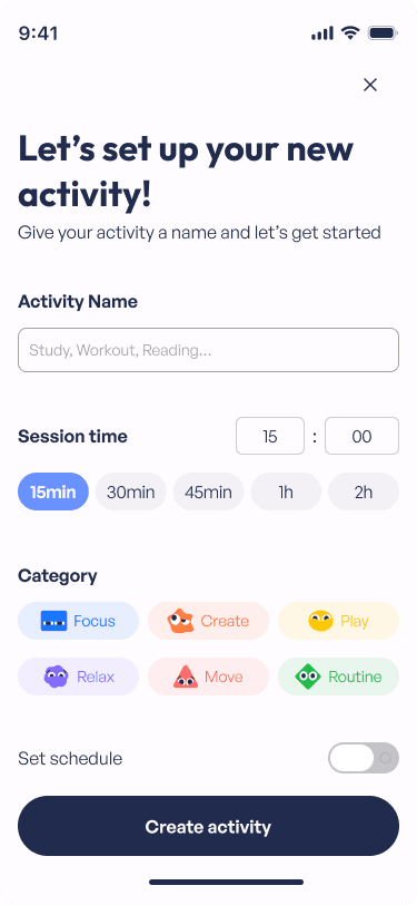 Add new activity screen