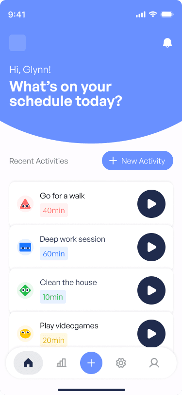 Momentito home screen showing today's activities